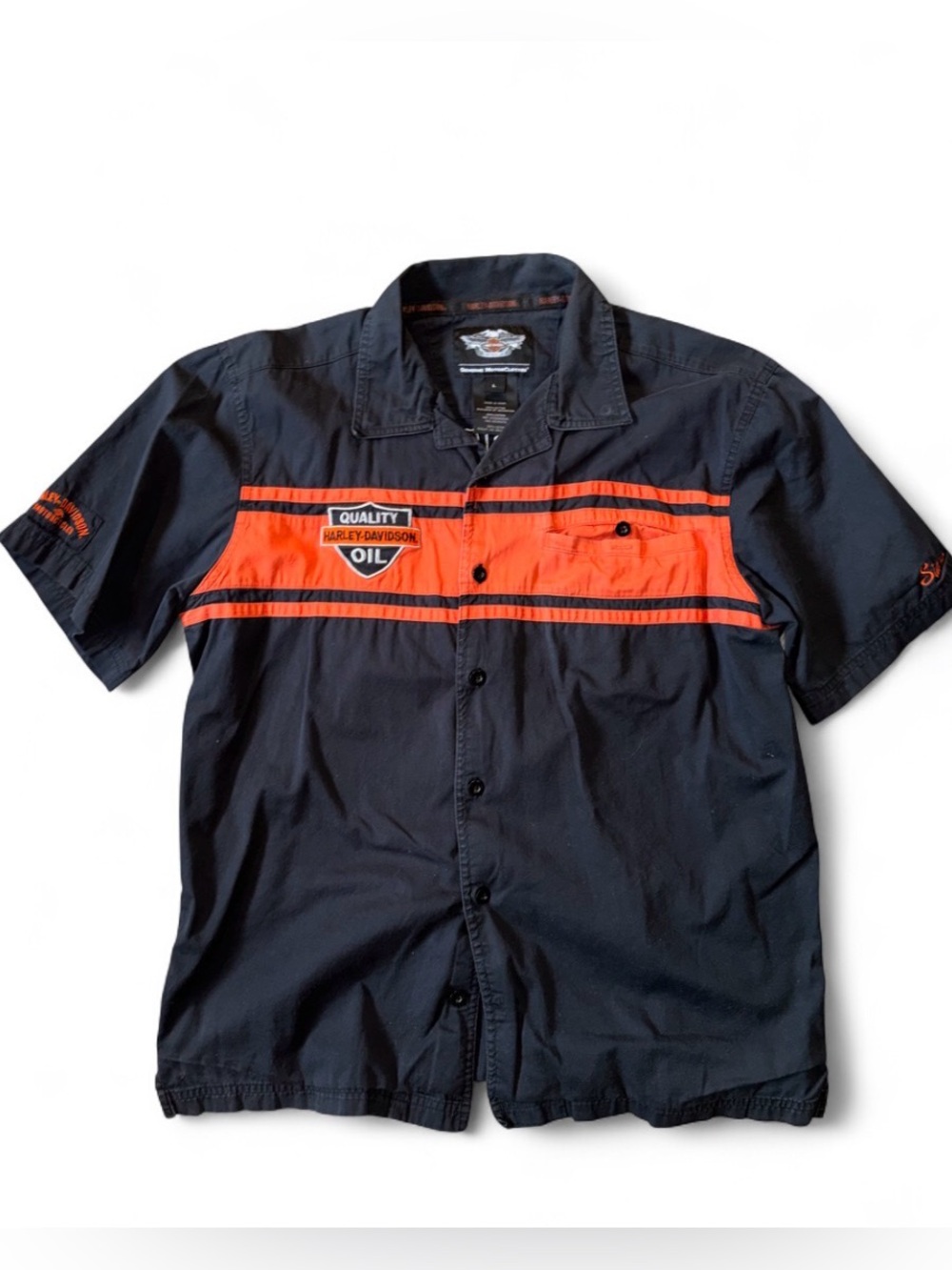 Harley Davidson Patch Embroidered Button Down Workwear Black Orange Biker Large